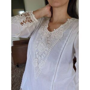 Somya Idian boho embroidered long sleeve floral white blouse S-M top V-neck